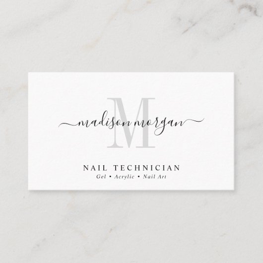 Simple Modern Nail Technician Script Monogram Visitenkarte (Vorderseite)