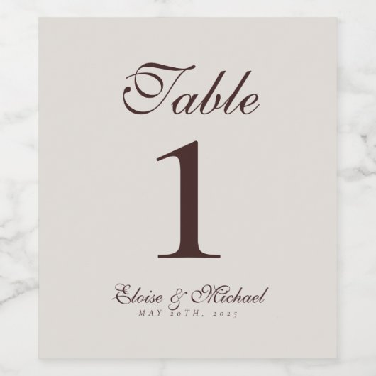 Simple Modern Neutral Brown Wedding Table Number  Weinetikett (Einzelnes Label)