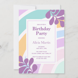 Simple Modern Pastel Rainbow Leaf Geburtstagsparty Einladung