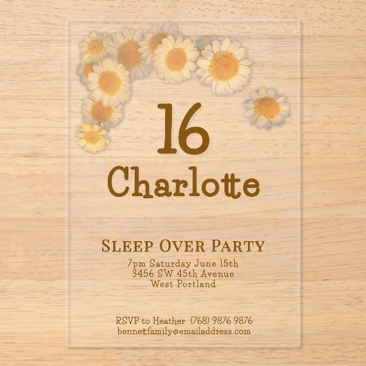 Simple Modern Peach Daisy 16th Birthday Party Acryleinladungen (Vorderseite)