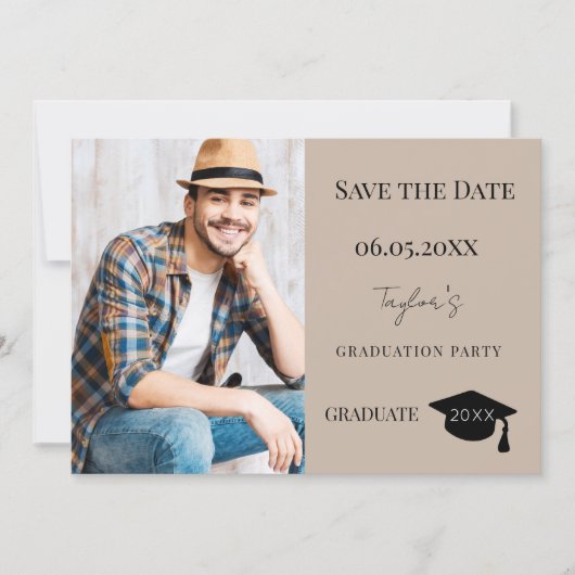 Simple modern photo mocha beige guy Graduation Save The Date (Vorderseite)