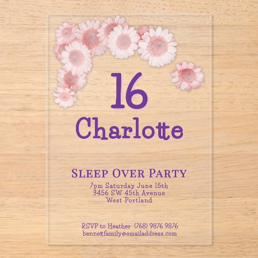 Simple Modern Pink Daisy 16th Birthday Party Acryleinladungen (Vorderseite)