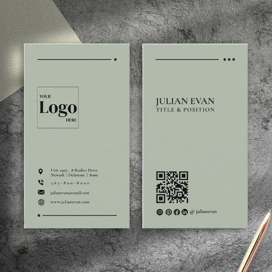 Simple Modern QR Code Sage Green Minimalist Visitenkarte