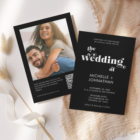 Simple Modern QR Photo Black & White Wedding Einladung
