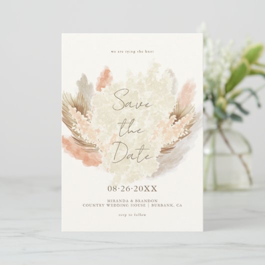 Simple Modern Rustic Pampas Grass Wedding Save The Date (Stehend Vorderseite)