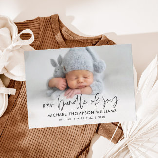 Simple Modern Script Copy Photo Birth Announcement Einladung