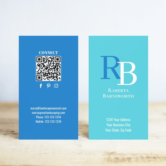 Simple Monogram QR Code Blue | Connect with Me Visitenkarte
