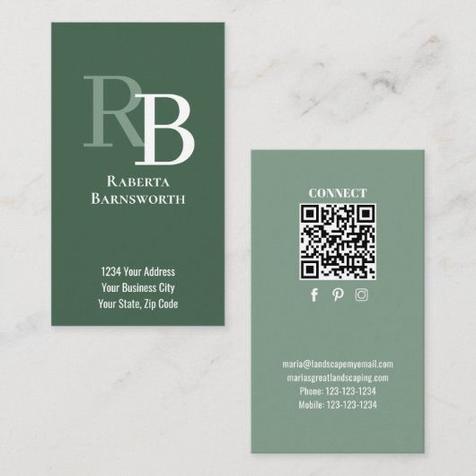 Simple Monogram QR Code Green | Connect with Me Visitenkarte (Vorne/Hinten)