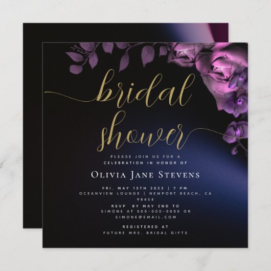 Simple Moody Black Dark Lila Rose Brautparty Einladung (Vorne/Hinten)