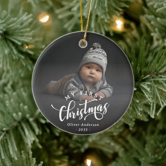 Simple My First Christmas Calligraphy Script Photo Keramik Ornament (Baum)