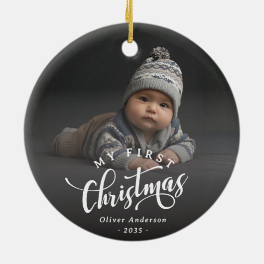 Simple My First Christmas Calligraphy Script Photo Keramik Ornament (Hinten)