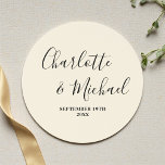 Simple Natural White Script Minimalist Wedding Runder Aufkleber<br><div class="desc">Make your special day even more memorable with these customized Simple Natural White Script Minimalist Wedding Classic Round Stickers featuring the names of the bride and groom and your wedding date. Add a touch of elegance and personalization to your wedding favors,  invitations,  or decorations with these beautiful stickers!</div>