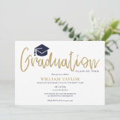 Simple Navy Blue and Gold Script Graduation Party Einladung (Stehend Vorderseite)