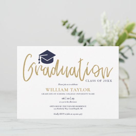 Simple Navy Blue and Gold Script Graduation Party Einladung (Stehend Vorderseite)