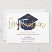 Simple Navy Blue and Gold Script Graduation Party Einladung (Vorderseite)