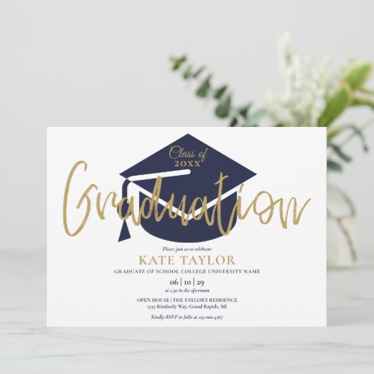 Simple Navy Blue and Gold Script Graduation Party Einladung (Stehend Vorderseite)