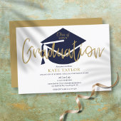 Simple Navy Blue and Gold Script Graduation Party Einladung