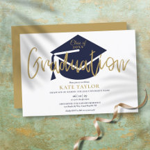 Simple Navy Blue and Gold Script Graduation Party