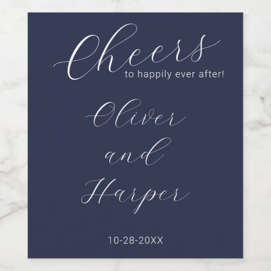 Simple Navy Blue Elegant Script Wedding Weinetikett (Einzelnes Label)
