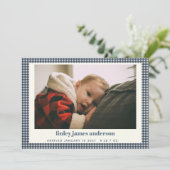 Simple Navy Blue Kariert Baby Foto Custom Birth Ankündigung (Stehend Vorderseite)