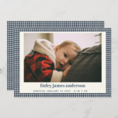 Simple Navy Blue Kariert Baby Foto Custom Birth Ankündigung (Vorne/Hinten)