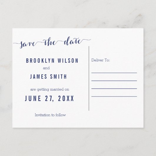 Simple Navy Blue Save the Date Postkarten (Rückseite)