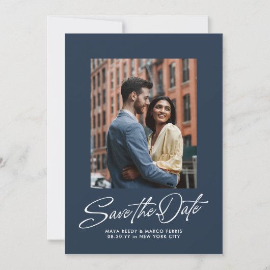 Simple navy blue trendy script two photo wedding save the date (Vorderseite)