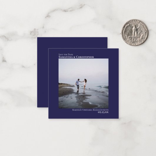 Simple Navy Blue Wedding Save the Date Foto Mini Mitteilungskarte (Vorderseite/Rückseite Beispiel)
