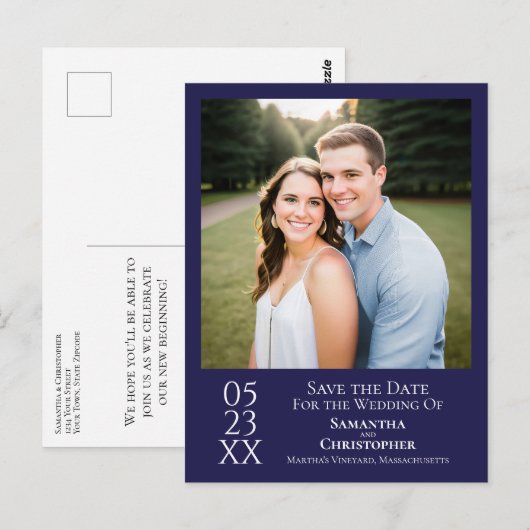 Simple Navy Blue Wedding Save the Date Foto Postkarte (Vorne/Hinten)