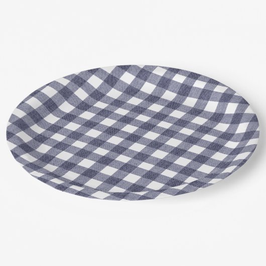 Simple navy gingham paper plates pappteller (Schrägansicht)