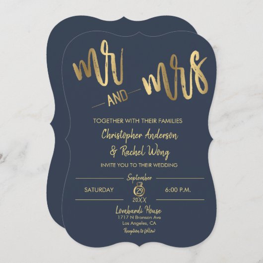 Simple Navy Gold Script Mr. and Mrs. Wedding Einladung (Vorne/Hinten)