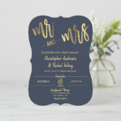Simple Navy Gold Script Mr. and Mrs. Wedding Einladung (Stehend Vorderseite)