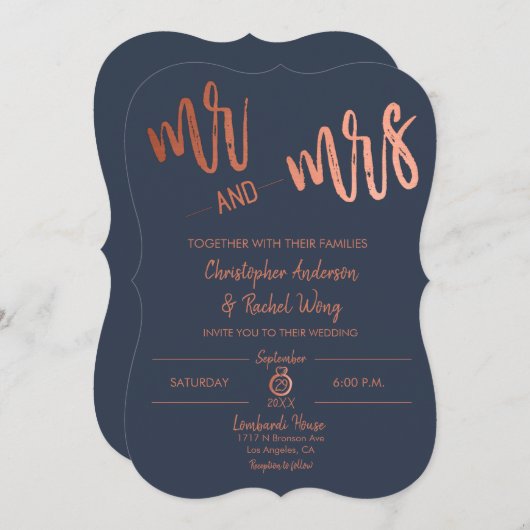 Simple Navy Rose Gold Script Mr. and Mrs. Wedding Einladung (Vorne/Hinten)