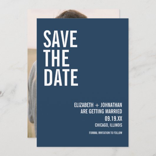 Simple Navy Typografy Wedding Foto Save The Date (Vorne/Hinten)