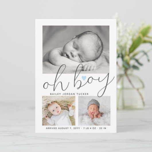 Simple Oh Boy Blue Heart Collage Foto Birth Ankündigung (Stehend Vorderseite)