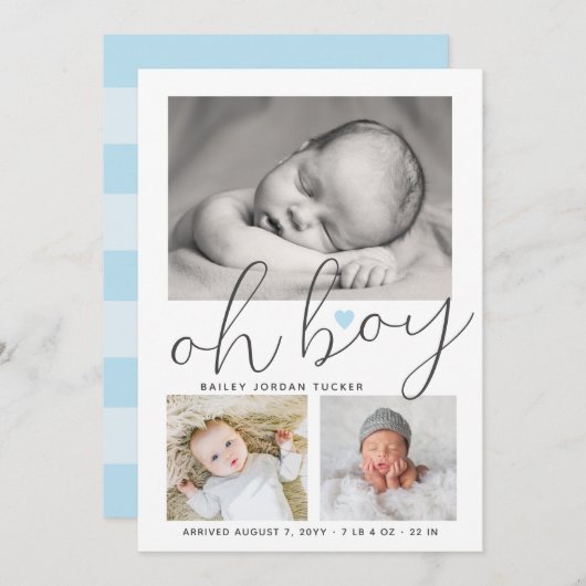 Simple Oh Boy Blue Heart Collage Foto Birth Ankündigung (Vorne/Hinten)