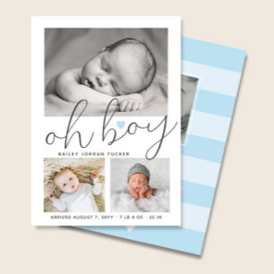 Simple Oh Boy Blue Heart Collage Foto Birth Ankündigung