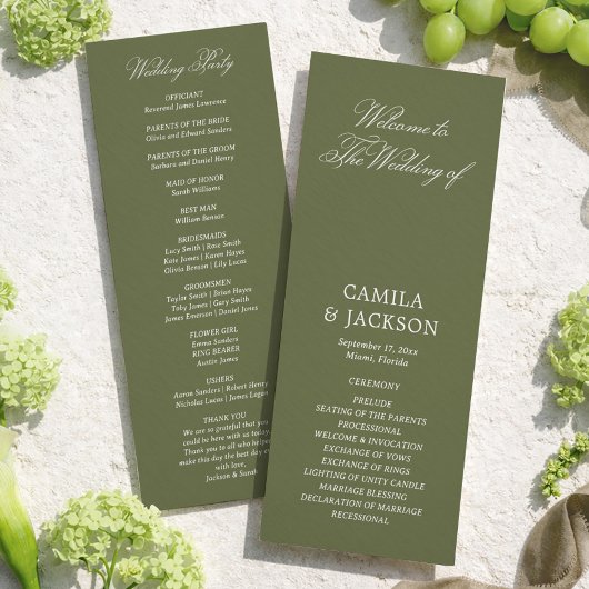 Simple Olive Green Wedding Flat Program Einladung