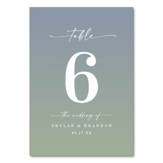 Simple Ombre Dusty Blue & Leaf Green Wedding Tischnummer (Vorderseite)