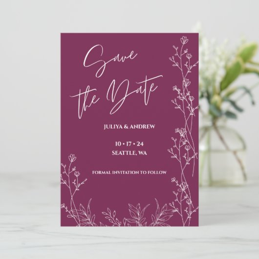 Simple Pansy Purple script wedding  save the date (Stehend Vorderseite)