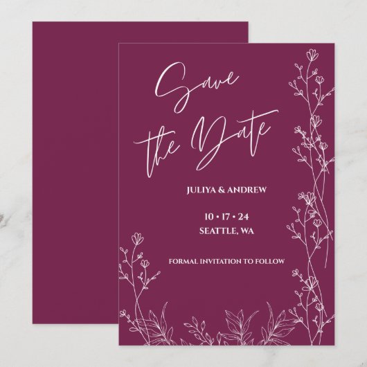 Simple Pansy Purple script wedding  save the date (Vorne/Hinten)