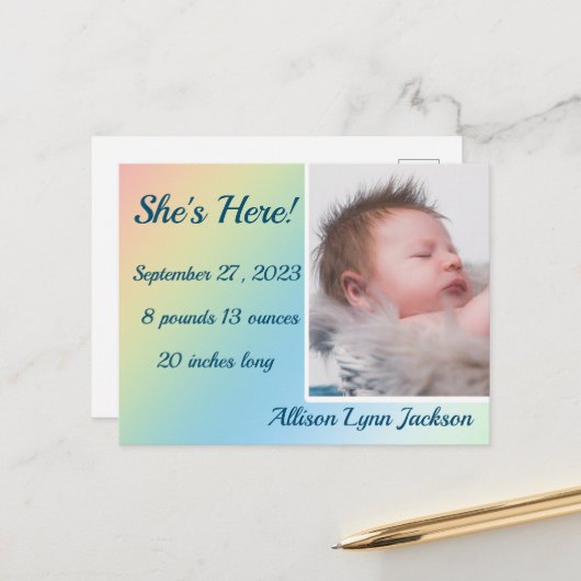 Simple Pastel Gradient Birth Annouincement Postkarte (Vorderseite/Rückseite Beispiel)