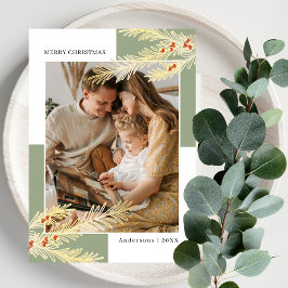 Simple Pine Branches Gold &  Green Photo Christmas Feiertagskarte