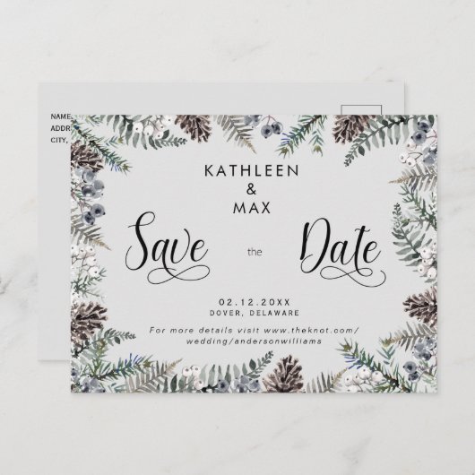 Simple Pine Cones Wedding Website Save the Date Ankündigungspostkarte (Vorne/Hinten)