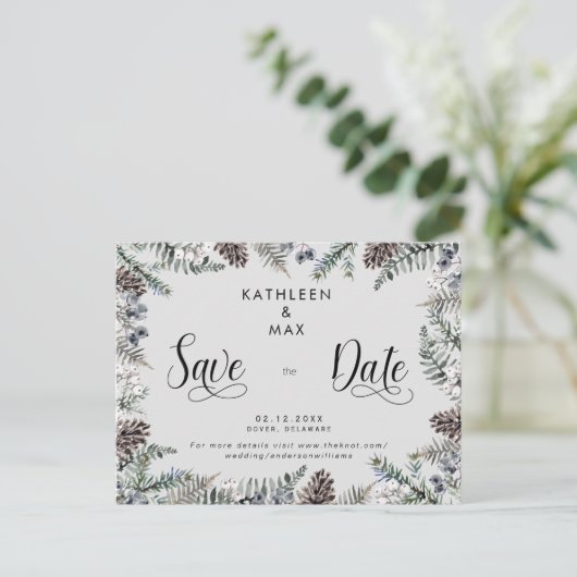 Simple Pine Cones Wedding Website Save the Date Ankündigungspostkarte (Stehend Vorderseite)