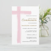 Simple Pink Cross Girl First Holy Communion Einladung (Stehend Vorderseite)