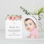 Simple Pink Floral Girls Taufe Danke Karte (Stehend Vorderseite)