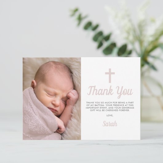 Simple Pink Girl Taufe Christening Foto Dankeskarte (Stehend Vorderseite)