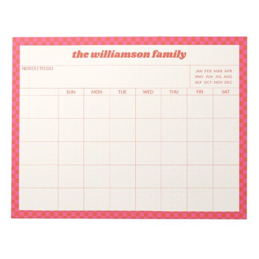Simple Pink Red Checkered Family Planner Calendar Notizblock (Vorderseite)