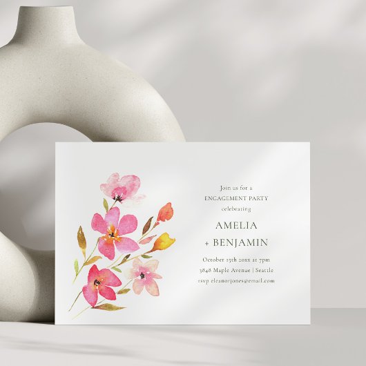 Simple Pink Watercolor Floral Engagement Party Einladung